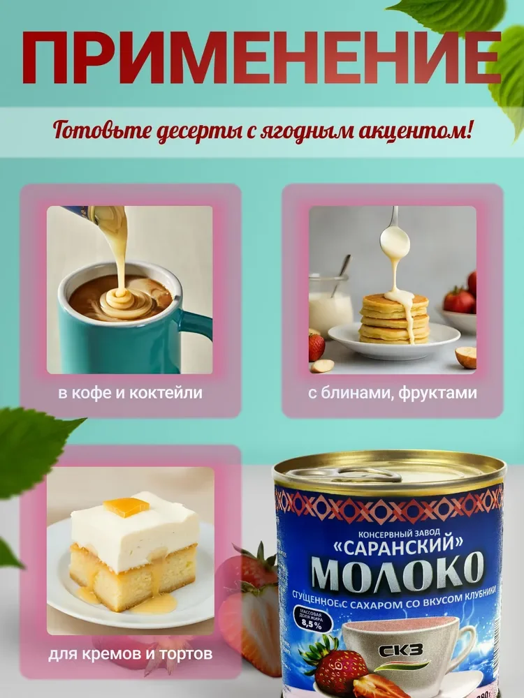 Миниатюра Сгущенное молоко со вкусом клубники СКЗ 380гр. ГОСТ 31688-2012